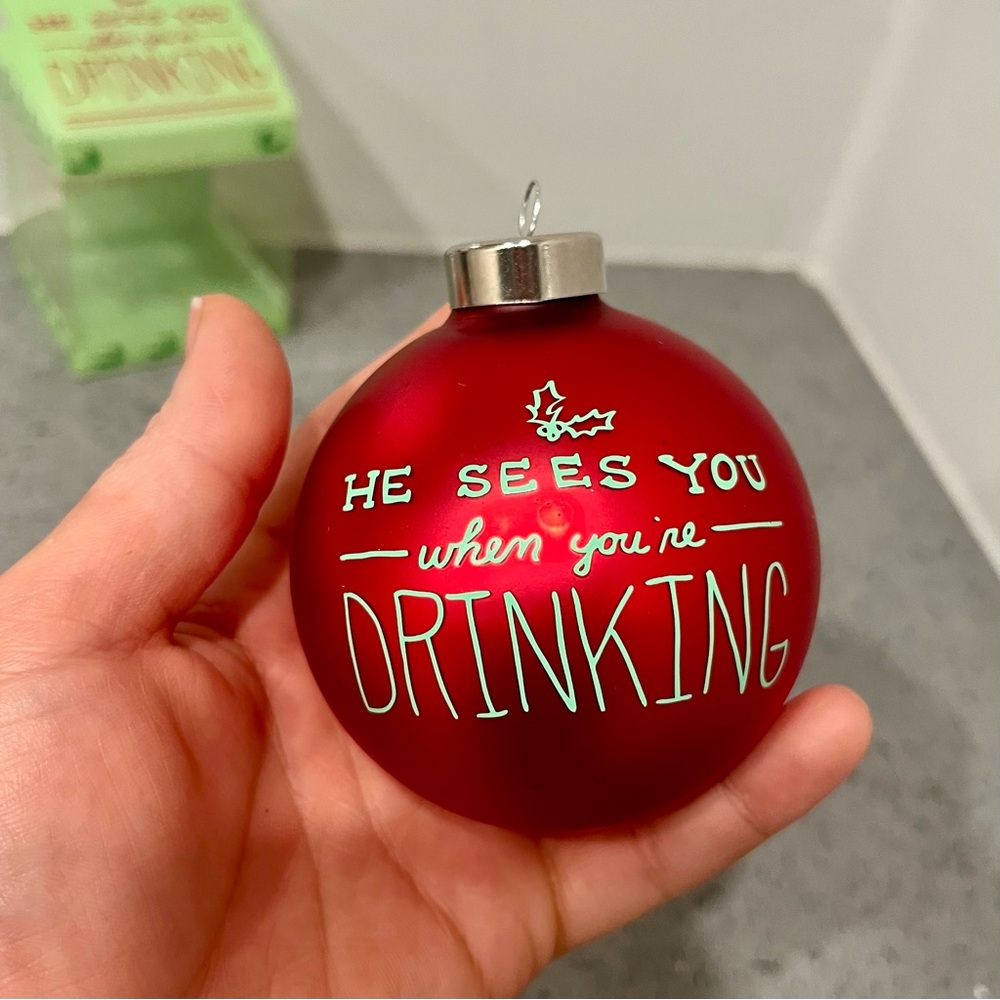 Red He Sees You When You’re Drinking Christmas Holiday Ornament
